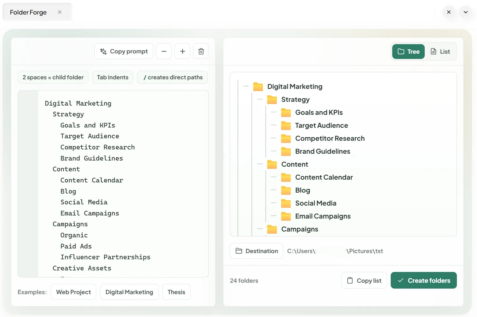Folder Forge turning a text outline into a folder tree preview