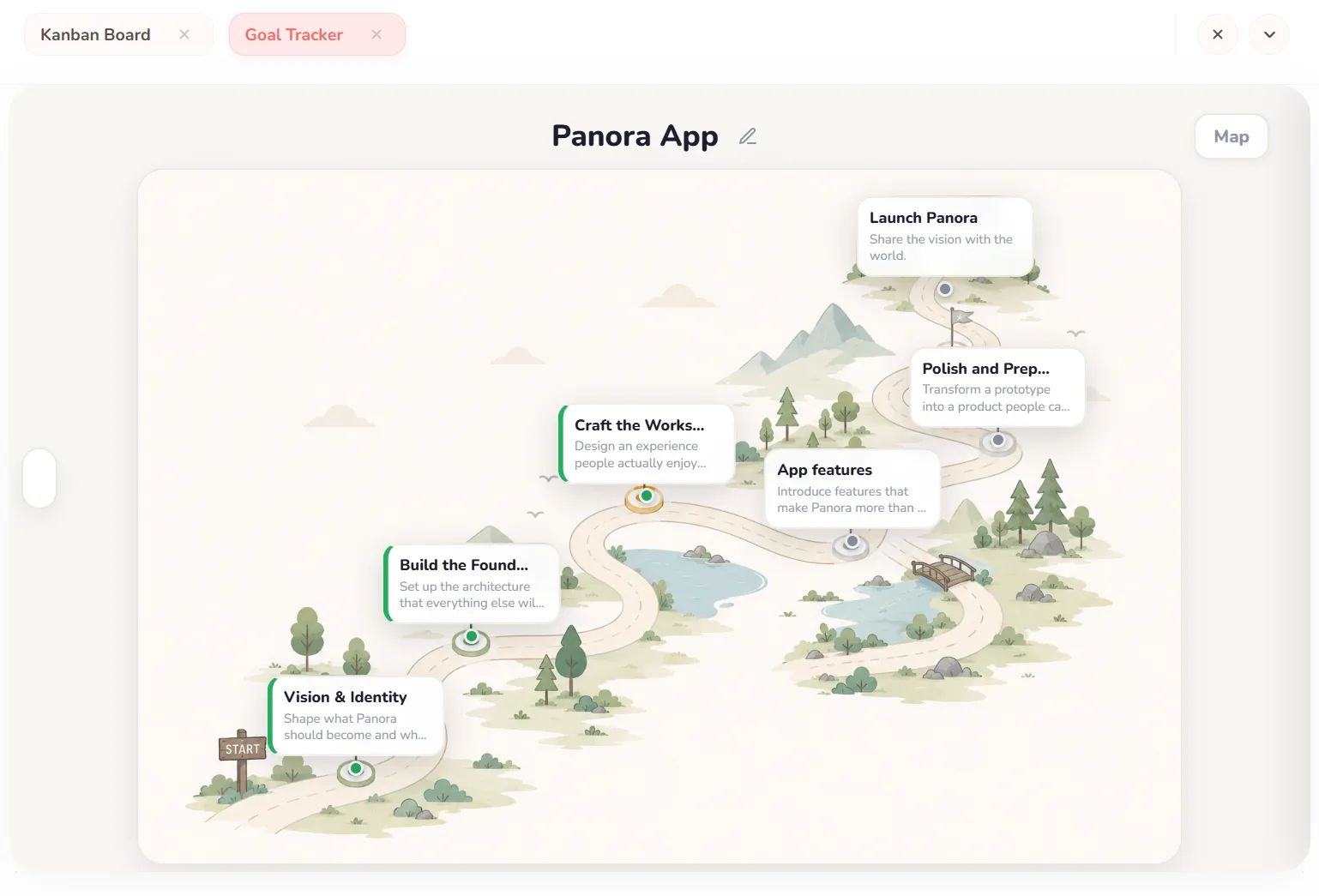 Goal tracker map with milestone cards along a winding path