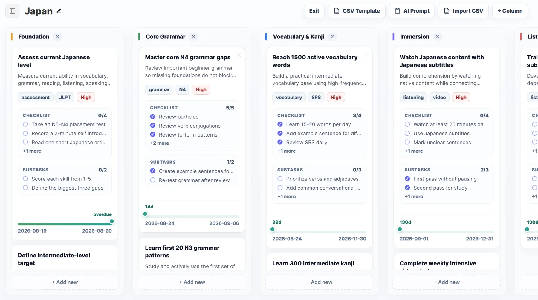 Kanban board for learning Japanese with checklists, subtasks and timeline bars