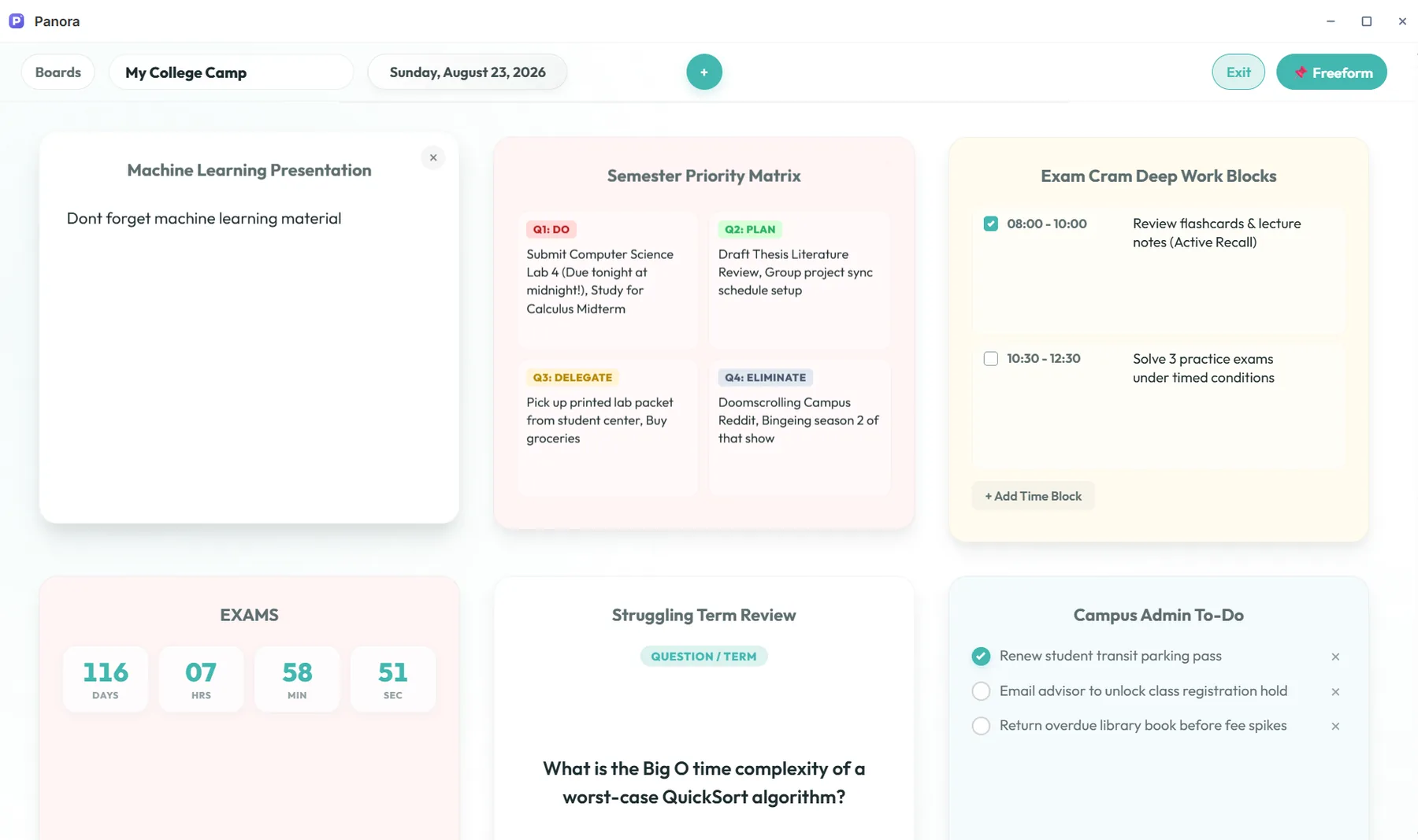 Note Deck board with priority matrix, countdown timer, time blocks and to-dos