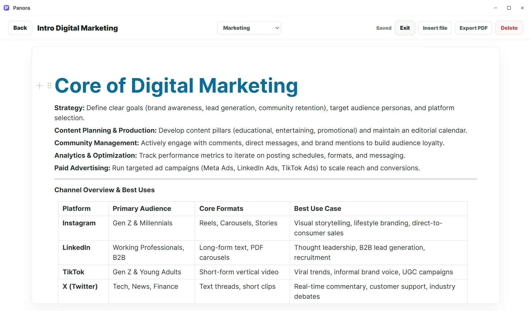 Notes editor showing a digital marketing document with a table
