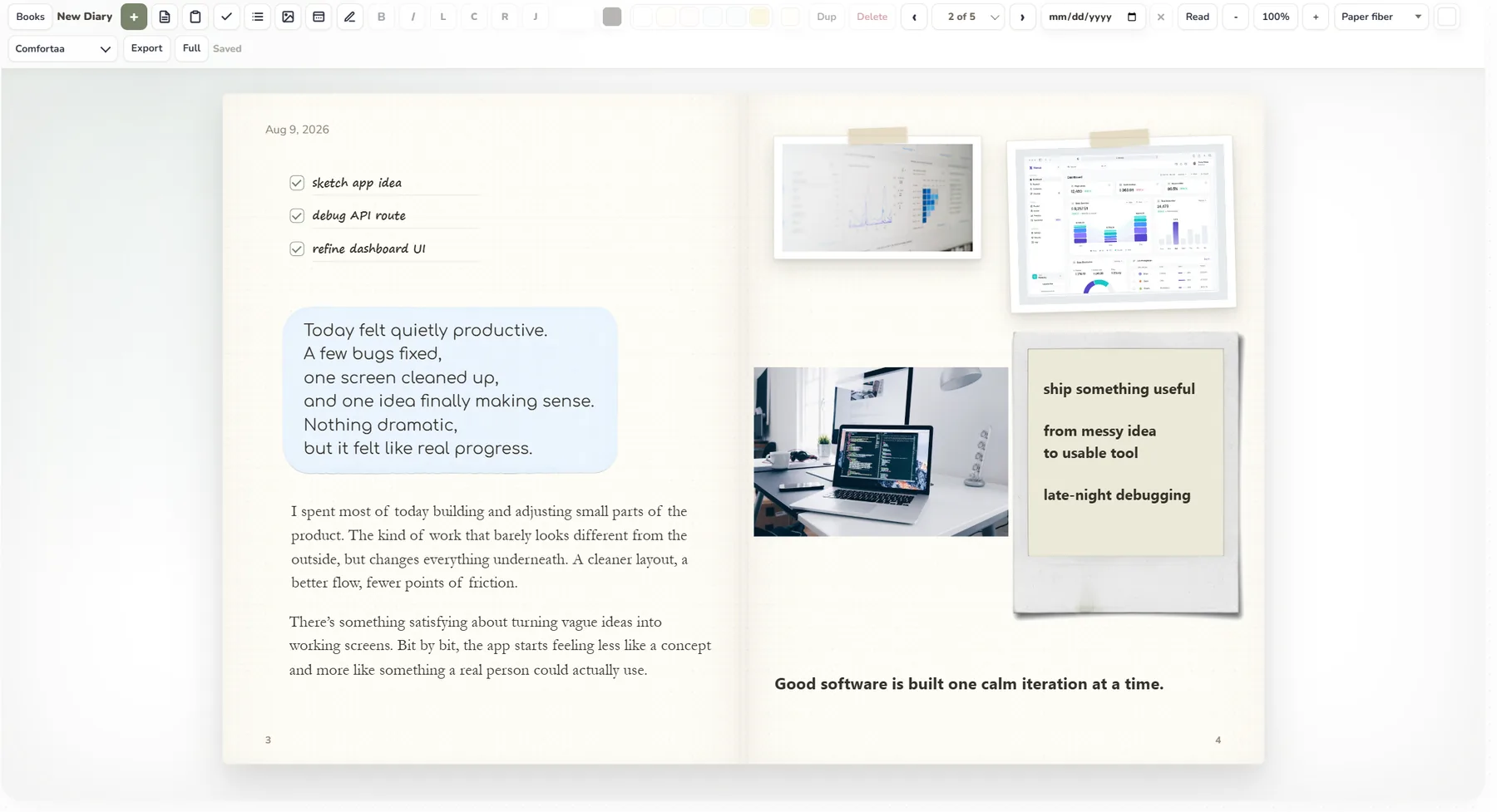 Diary spread with a to-do checklist, screenshots and a reflection