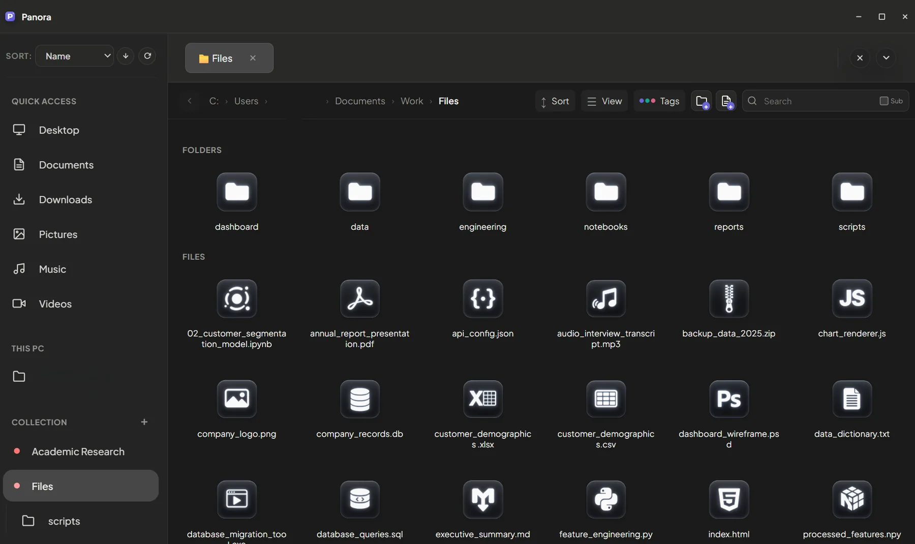 File explorer with the Glow icon pack on a dark background