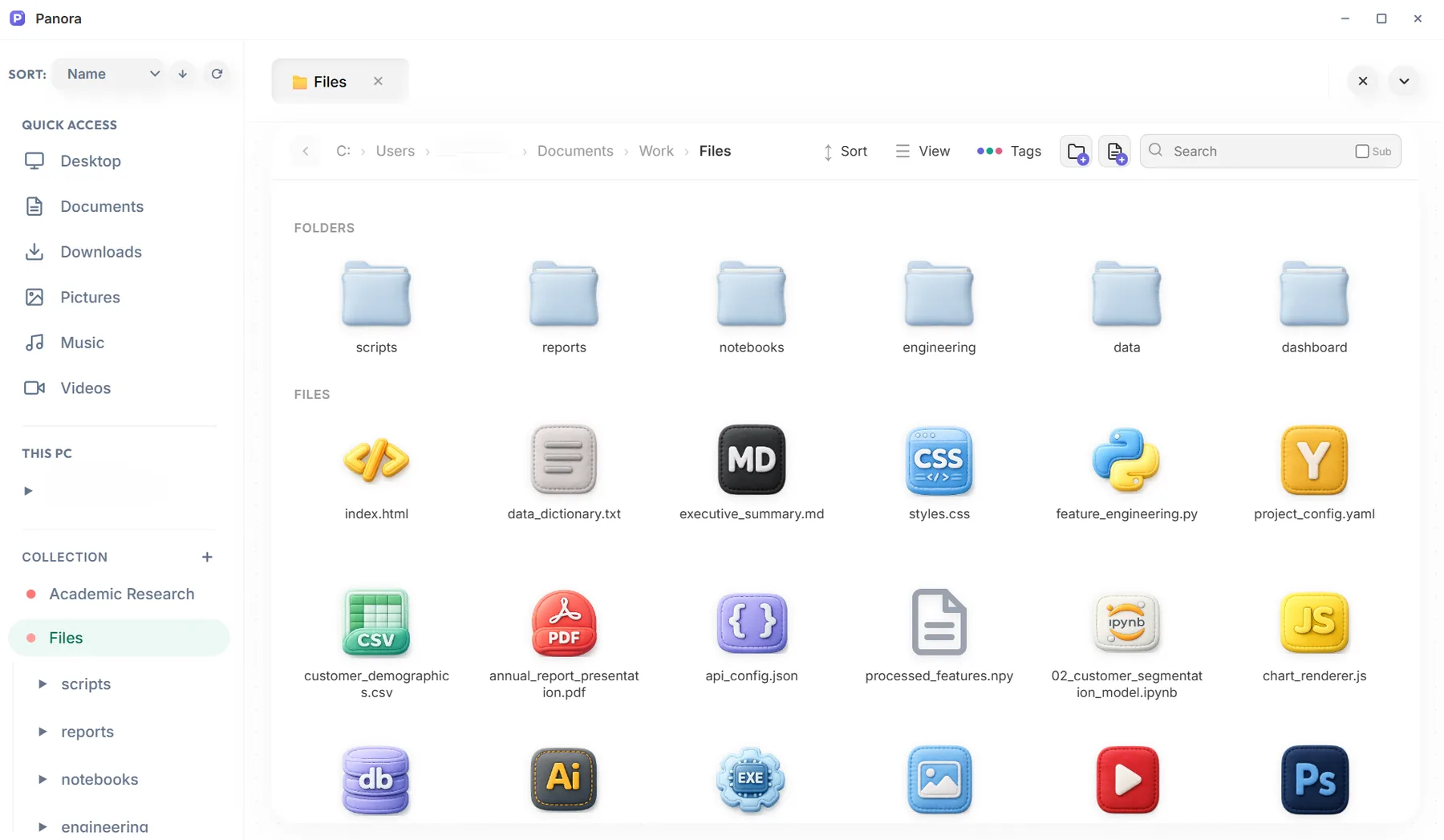 File explorer with the Pillow icon pack