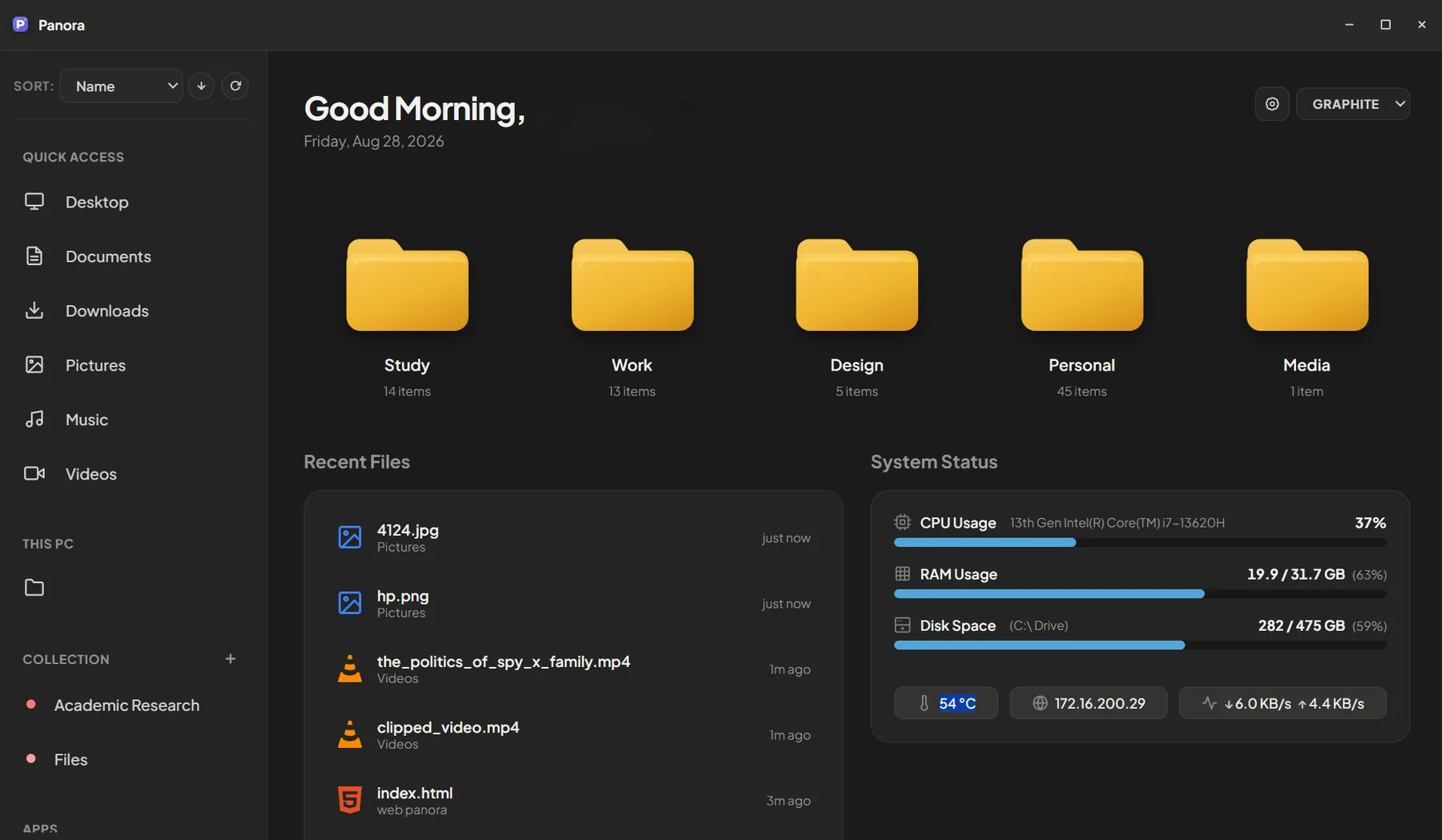 Panora home screen in the dark Graphite theme