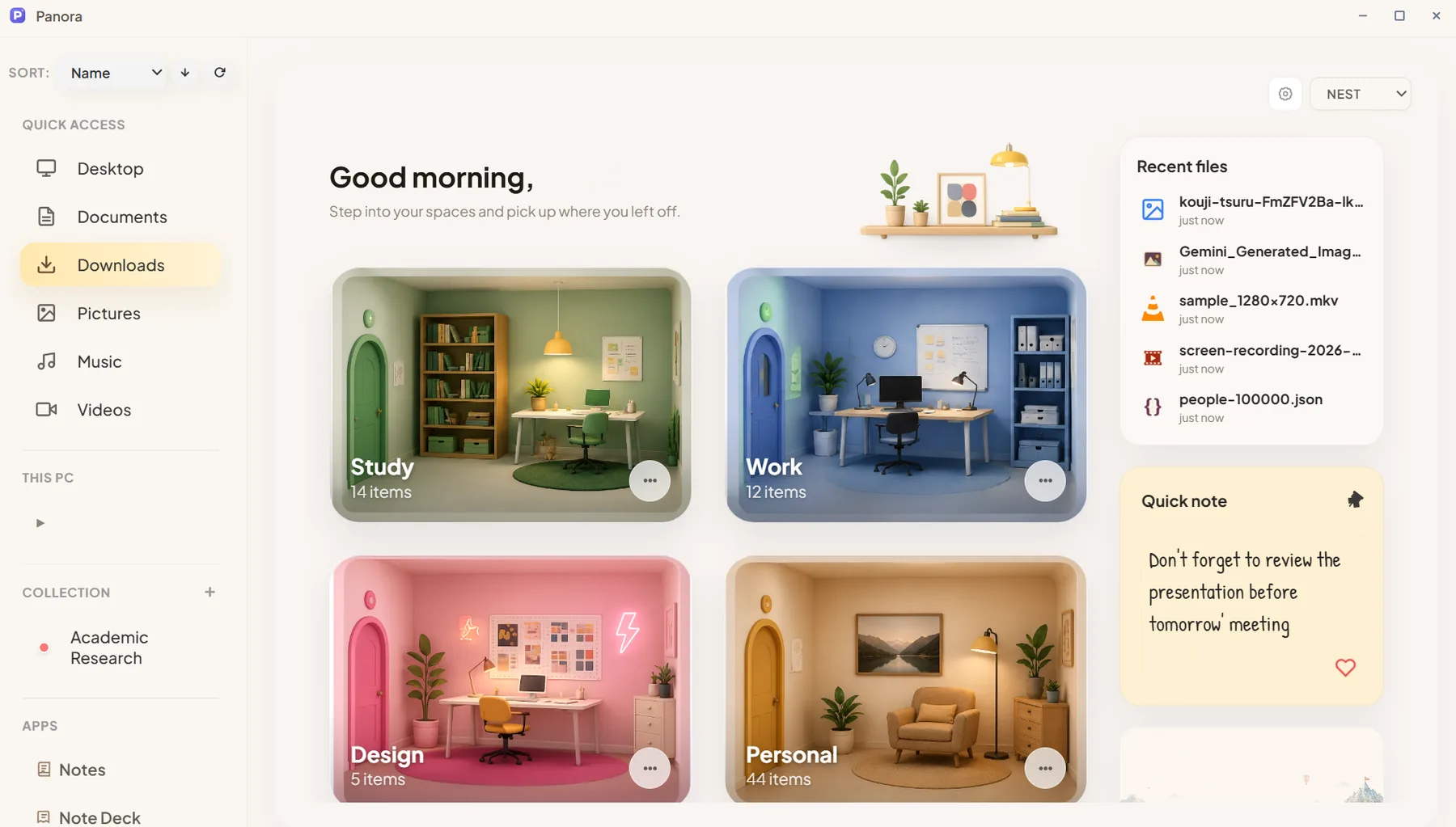 Panora home screen in the Nest theme, with folders shown as cozy rooms