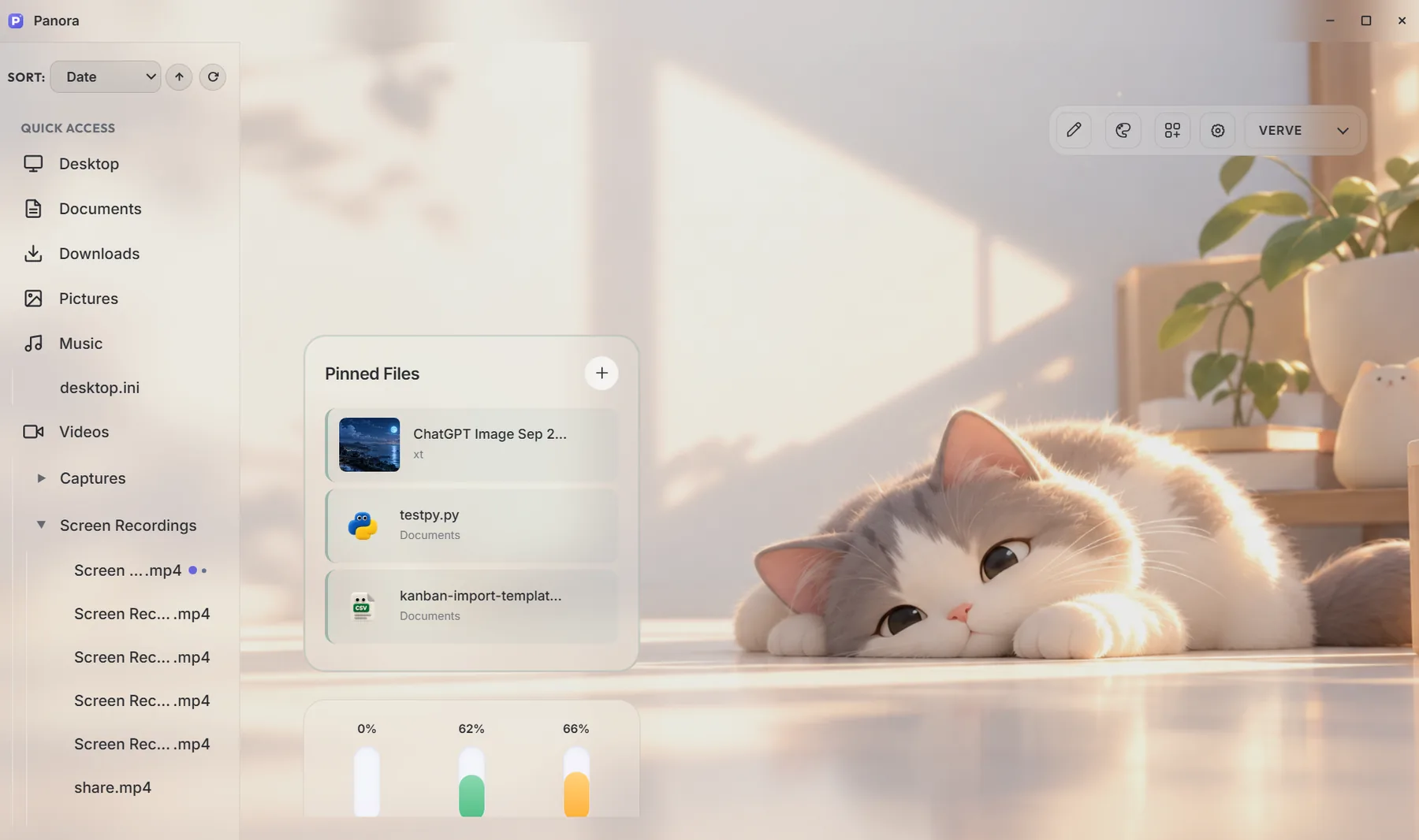 Panora with a soft photo wallpaper of a sleeping cat and glass widgets