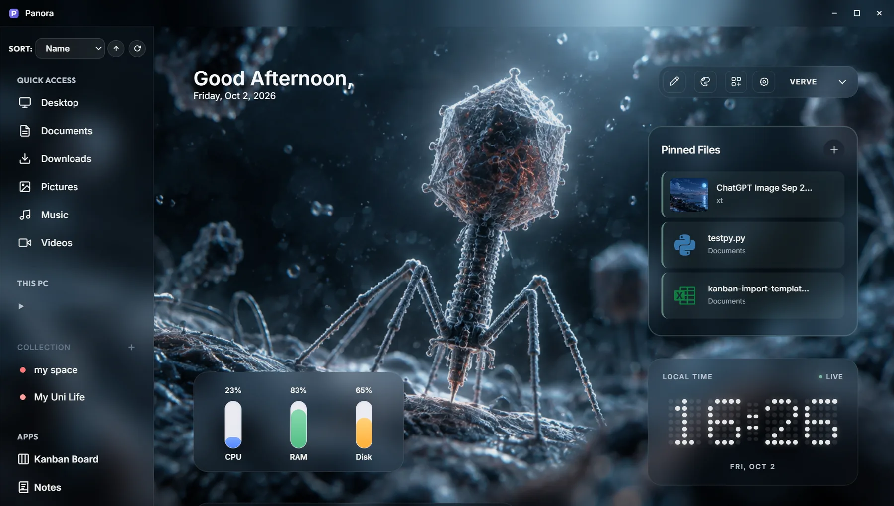 Panora with a dark cinematic wallpaper, pinned files and a dot-matrix clock
