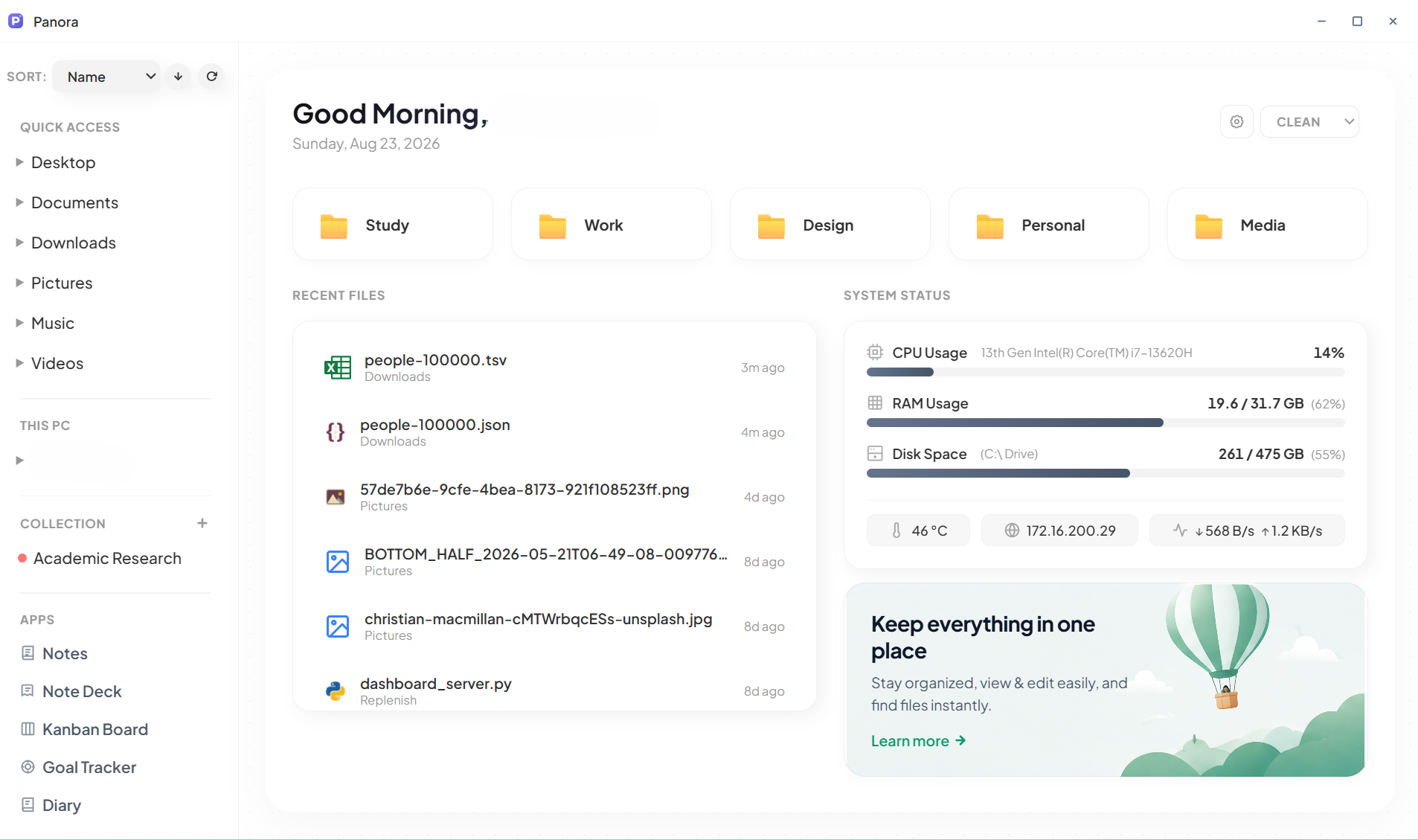 Panora Desktop App Dashboard - Clean Theme